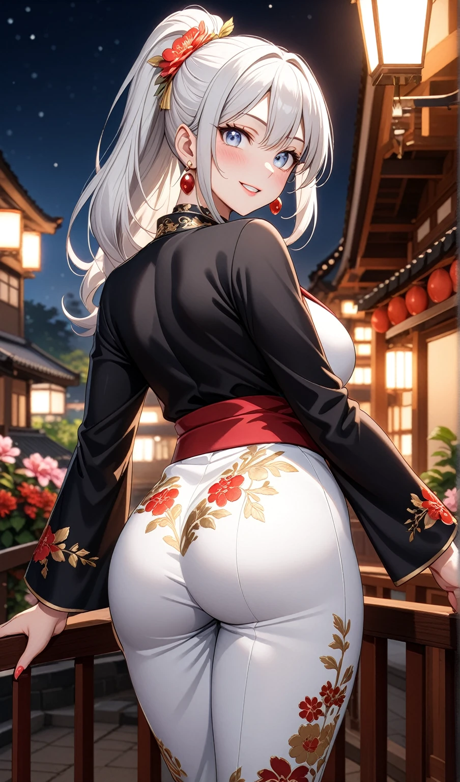 ((One personの女性)), Beautiful Face, (Laughing embarrassedly), (seductive smile:1.4), ((Wink:1.9)), (head tilt:1.3), Laugh with your mouth wide open, upper teeth, looking at viewer, ((Bright red cheeks:1.4)),Glossy Red Lips,Night view, High terrace, firework, Glossy red lips, Shining Face, ((Anime style background)),masterpiece, Highest quality, so beautiful,up to date, Complex details, (Pink long nails),(ring),(bracelet),(Floral choker),AI-generated, Complex,High resolution, Highest quality, super high quality,3D Images、3D Images,One person,Long white hair,High Ponytail, Anime woman posing for a photo,(blue eyes), ((Fine grain、Silvery white, lightly pigmented eyes、Shining Eyes:1.3)), (Squint your eyes:1.1),a hyperRealistic , hyperRealistic , Realistic,Anime woman with long white hair, Smooth anime CG art, A woman in a colorful kimono with gold embroidery, ((Black long sleeve kimono)),Red floral pattern,Long flower hair ornament,Earrings,Mature Body,(Big Breasts:1.1),Tall,Abdominal muscles,Tight waist, ((looking back)),
