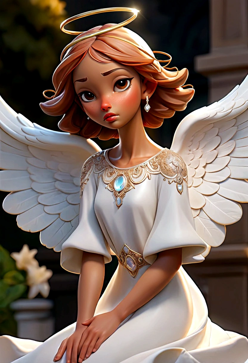 beautiful Angel, Wearing a gorgeous dress that covers the whole body, luxurly gawn,Floating in the air, angel wings, (angel ring:1.3), outdoor, detailed face, detailed eyes, detailed lips, detailed nose, detailed foot, full body shot