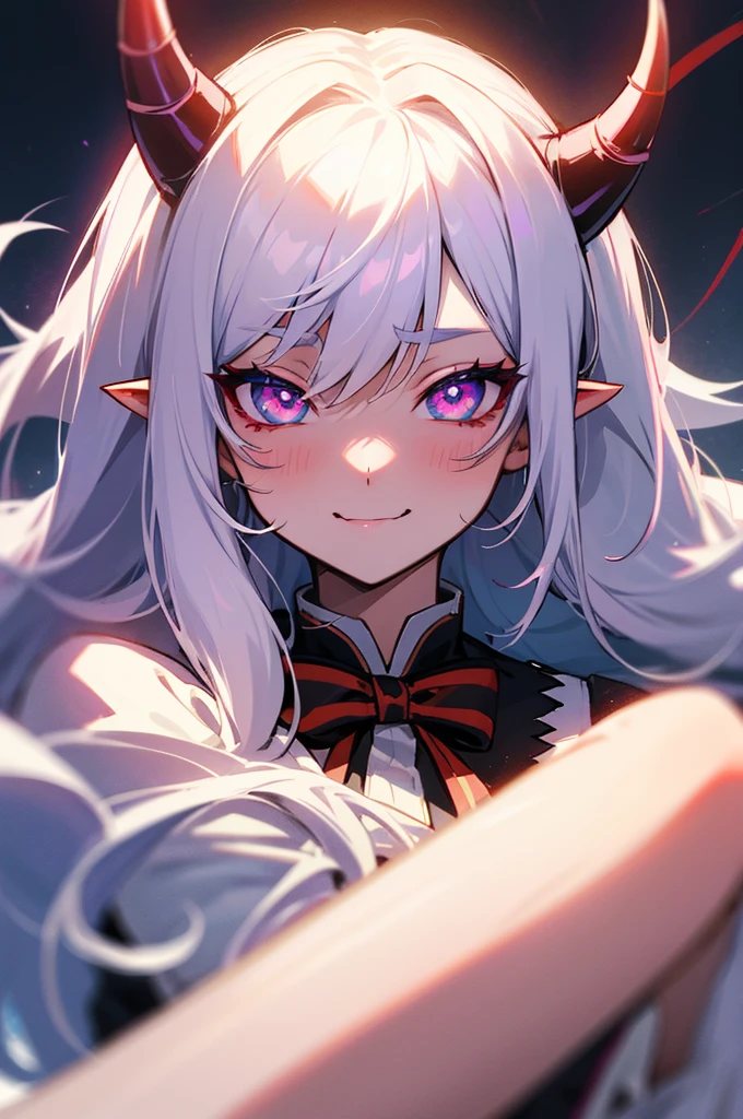 hair bobbles, long eyelasher, solid circle eyes, Light smile, Ear blush, Fang, Silver hair, Heart-shaped pupils, hair pin, mismatched sclera, Evil smile, Anime style, 8K, Super detail, ccurate, Best quality, hyper HD, 4K,Anime girl with horns and bow tie in white costume, With horns, girl design lush horns, cute horns, demon anime girl, white horns queen demon, mika kurai demon, Demon Girl, demon horn, demon white horns, detailed anime character art, portrait of demon girl, dnd portrait of a tiefling, Anime monster girl, oni horns, devil horns,Wearing a white coat