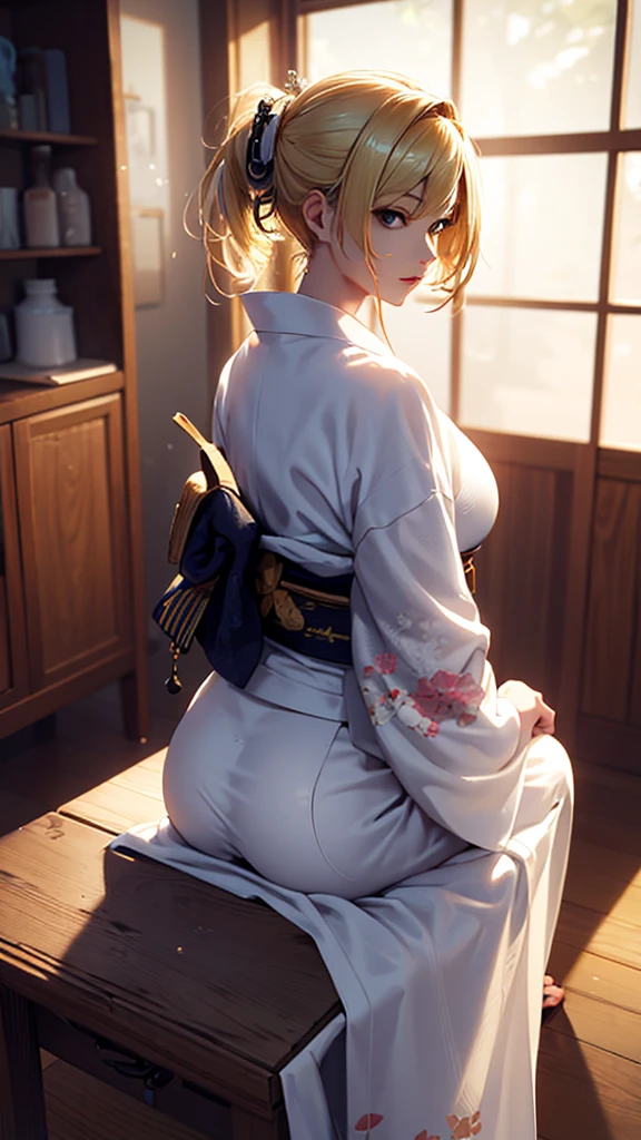masterpiece, high quality, 4K, Beautiful design, silhouette,blondes, Very detailed,japanese house, wonderful, Finer details, Very knowledgeable woman, Very detailedなソロ, 1 female,Big Breasts,Butt,Underwear Line,Yukata in white color,cooking,(Sitting on the toilet),(Sitting on the toilet),(Ass Focus),(White ceramic toilet),(Modern toilet)