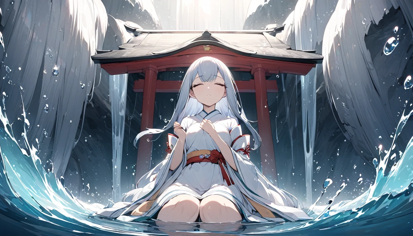 A Japanese shrine maiden meditates in a beautiful and mysterious cave dripping with water drops.