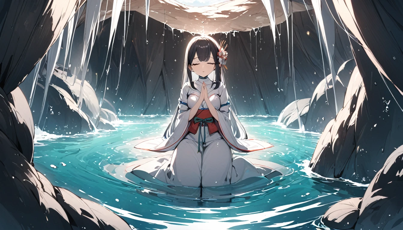 A Japanese shrine maiden meditates in a beautiful and mysterious cave dripping with water drops.