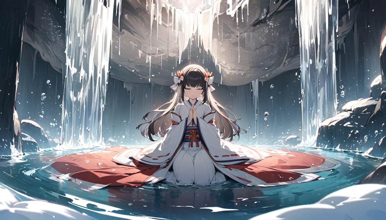 A Japanese shrine maiden meditates in a beautiful and mysterious cave dripping with water drops.