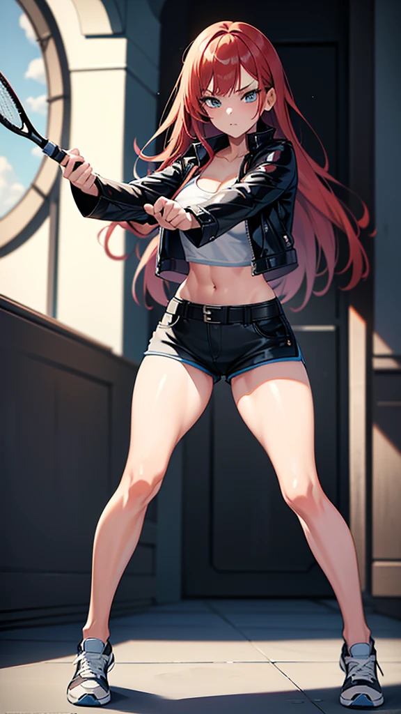 Beautiful and sexy 18 year old girl, long hair redhead, blue-eyed, black leather jacket, black short shirt, short blue denim shorts, white tennis shoes, fighting pose, defense pose, on guard
