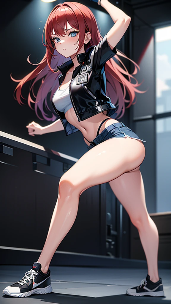 Beautiful and sexy 18 year old girl, long hair redhead, blue-eyed, black leather jacket, black short shirt, short blue denim shorts, white tennis shoes, fighting pose, defense pose, on guard