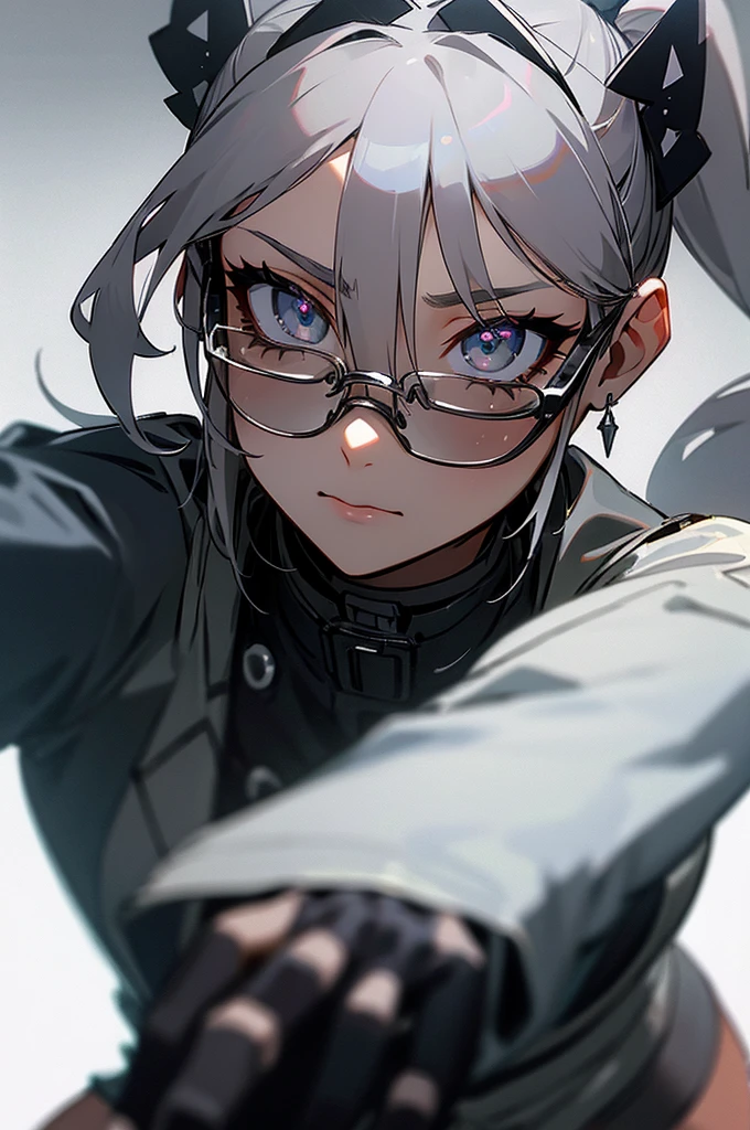 Masterpiece, best quality, delicate gray pupils, (gray high ponytail hair:1.3) silver wolf V4, 1 girl, solo, looking at the audience, bust, shy, cinematic lighting, cinematic sense, hair accessories, gloves, hair between eyes, jewelry, jacket, earrings, black gloves, stockings, lace gloves, gradient ski goggles, glasses worn on the head, face close-up, sense of story