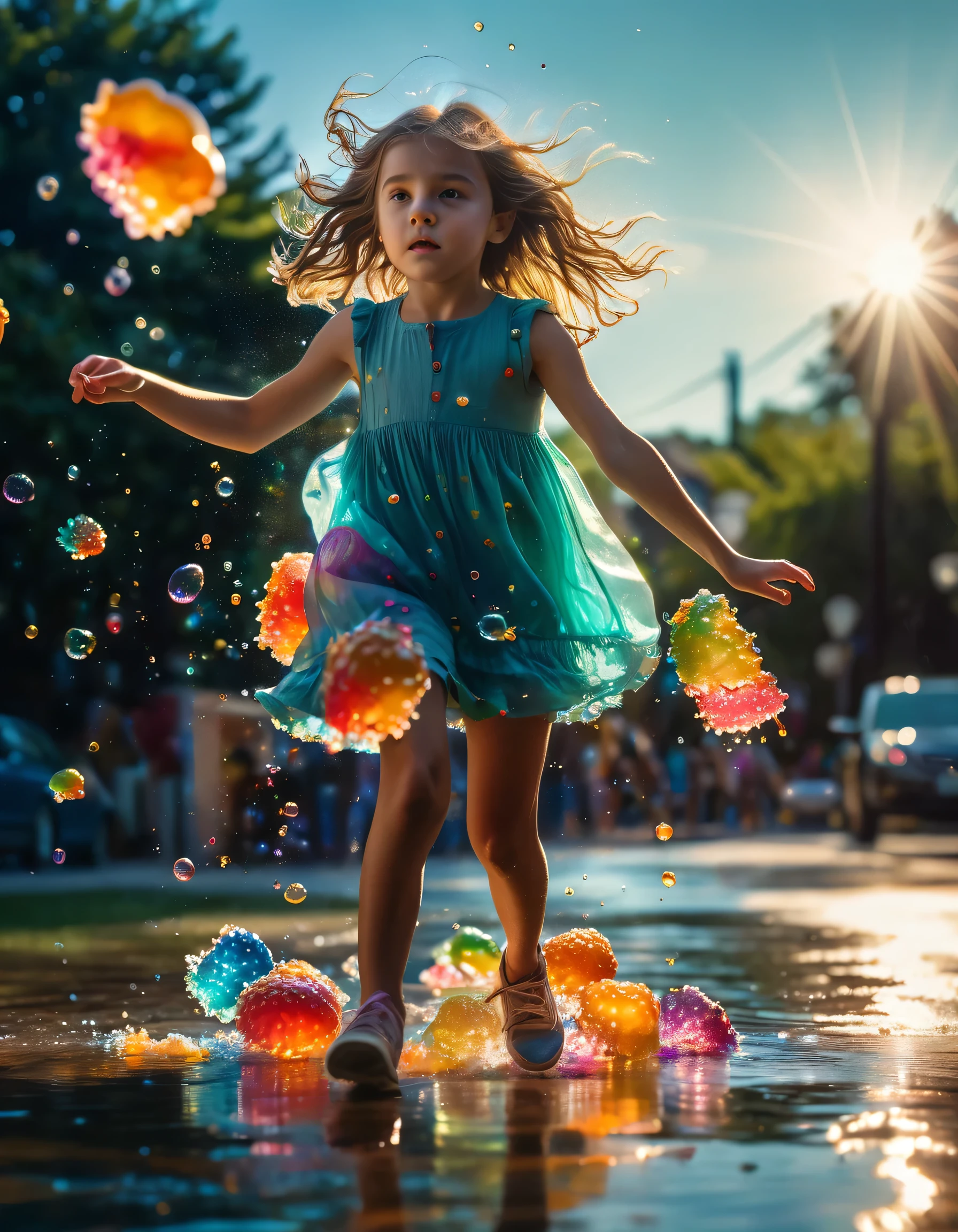 The colorful jelly flew through the air and landed on the young girl, enhancing her mesmerizing appearance., cinematic shot + dynamic composition, incredibly detailed, sharpen, details + intricate detail + professional lighting, film lighting + 35mm + anamorphic + lightroom + cinematography + bokeh + lens flare + film grain + HDR10 + 8K + Roger Deakins, ((cinematic))