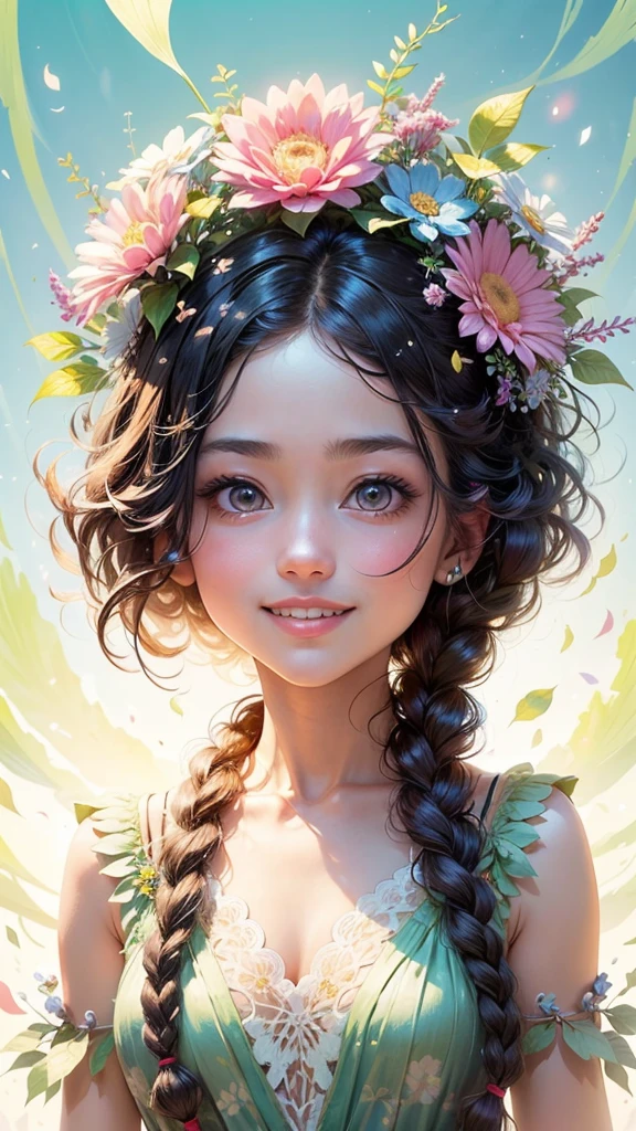 (masterpiece、highest quality、highest quality、Beautiful and beautiful:1.2)、Good anatomy、Focus on the face、Composition looking up from a low position、Wide blue sky、Drawing of a girl with braided hair、Beautiful smile、Flower Fairy、Flower-sized body、pure、Charm、Shining from the inside、Large translucent flowers on the background、Fantasy、Botanical Art,Daisy hair ornament