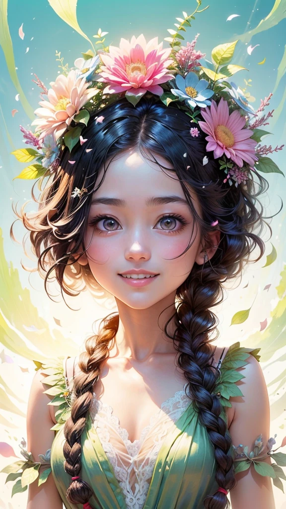 (masterpiece、highest quality、highest quality、Beautiful and beautiful:1.2)、Good anatomy、Focus on the face、Composition looking up from a low position、Wide blue sky、Drawing of a girl with braided hair、Beautiful smile、Flower Fairy、Flower-sized body、pure、Charm、Shining from the inside、Large translucent flowers on the background、Fantasy、Botanical Art，Daisy hair ornament