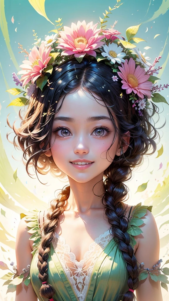 (masterpiece、highest quality、highest quality、Beautiful and beautiful:1.2)、Good anatomy、Focus on the face、Composition looking up from a low position、Wide blue sky、Drawing of a girl with braided hair、Beautiful smile、Flower Fairy、Flower-sized body、pure、Charm、Shining from the inside、Large translucent flowers on the background、Fantasy、Botanical Art,Daisy hair ornament