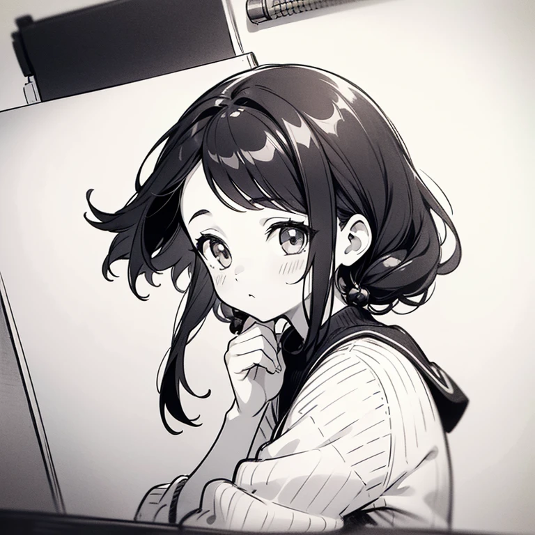One Girl,Line art,Monochrome,sketch,Black and White,Pencil drawing,Traditional Media,Sketch,One Girl, skirt,Cute Teenage Girls, ,Beautiful portrait、Delicate body、Black Hair、Black Hair,landscape