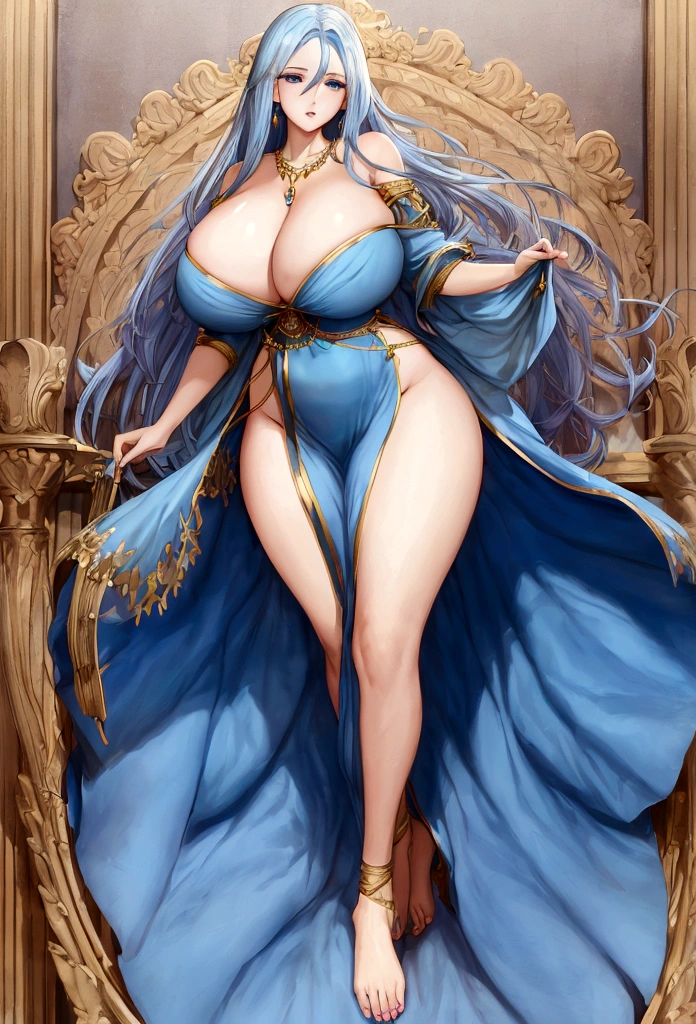 Very Huge  straight blue hair with blue eyes.rather voluptuous with a large bust and shapely hips.wears a dainty necklace, a white dress and is barefoot.wears gold arm bands and has a reddish-orange smock wrapped below her hips.