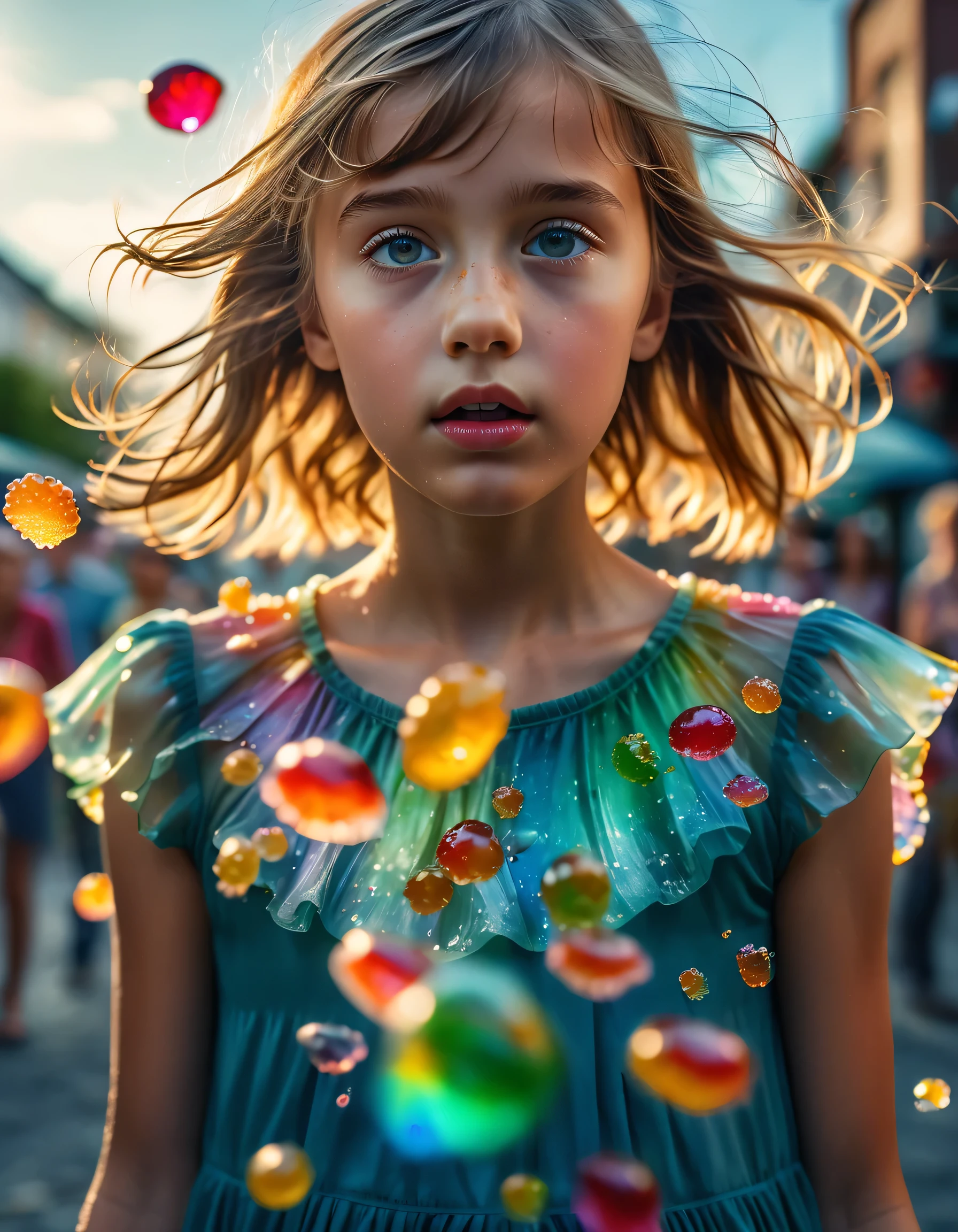 The colorful jelly flew through the air and landed on the young girl, enhancing her mesmerizing appearance., cinematic shot + dynamic composition, incredibly detailed, sharpen, details + intricate detail + professional lighting, film lighting + 35mm + anamorphic + lightroom + cinematography + bokeh + lens flare + film grain + HDR10 + 8K + Roger Deakins, ((cinematic))