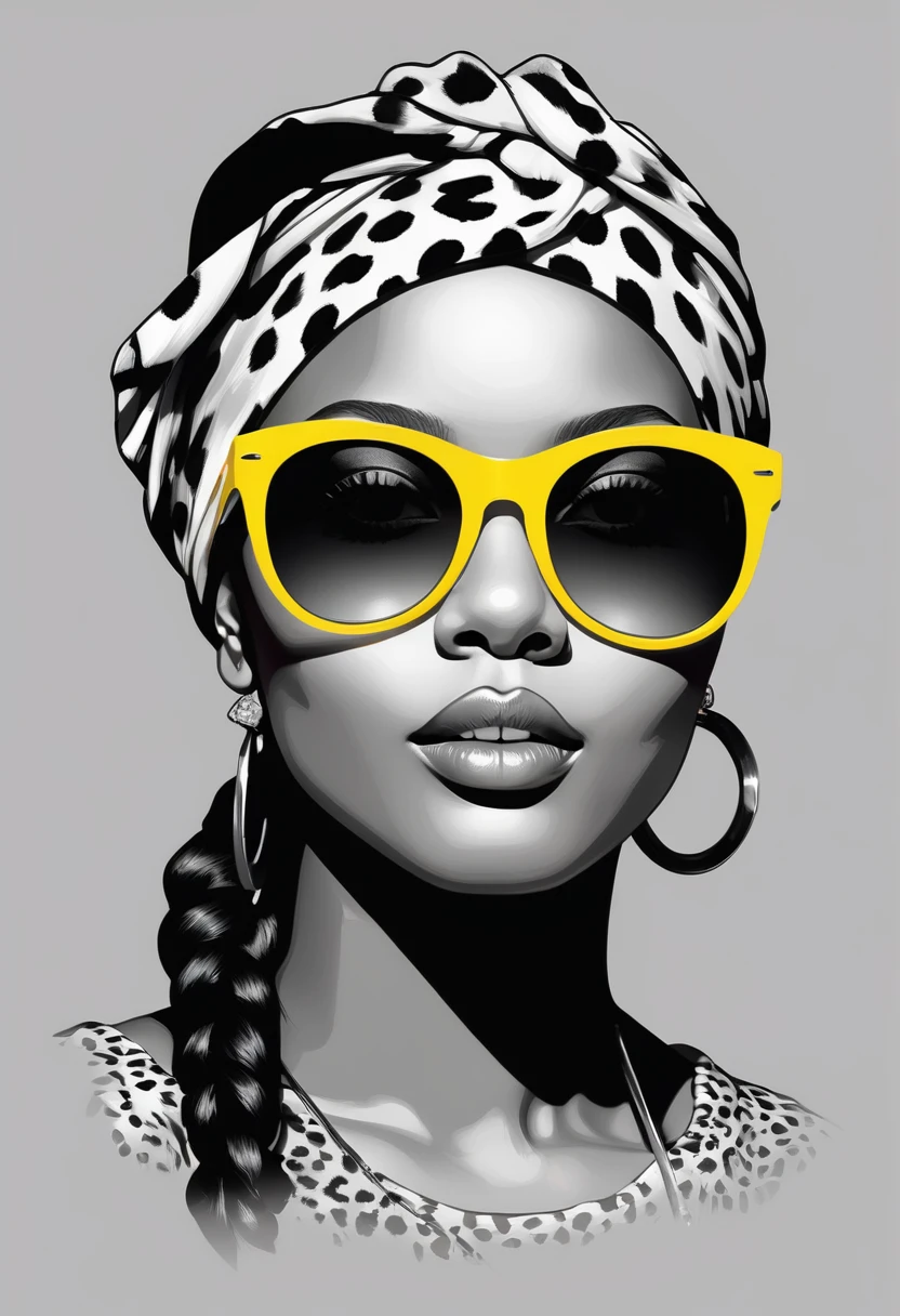 creative logo vector illustration black and white portrait of a beautiful young african woman with colorul outlines, cool sunglasses and yellow head wrap with blak dots( leopard skin ), digital art style by dan mumford, carne griffith, sketch, bold outlines, high definition, negative space, T-shirt design