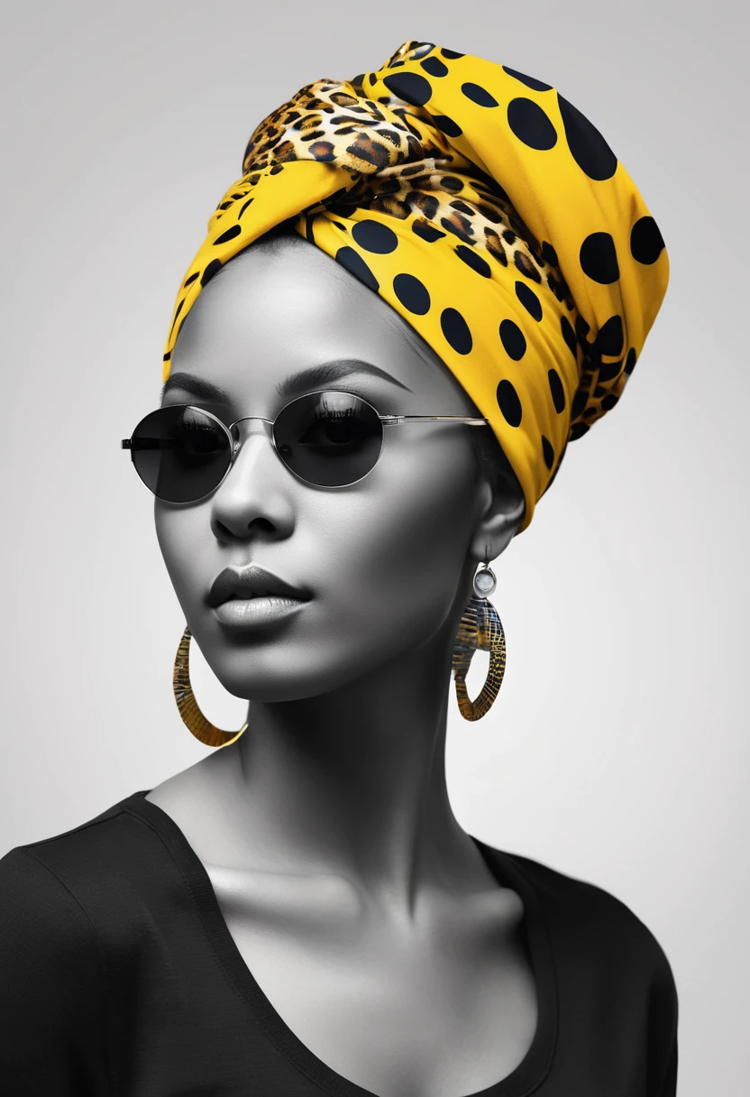 creative logo vector illustration black and white portrait of a beautiful young african woman with colorul outlines, cool sunglasses and yellow head wrap with blak dots( leopard skin ), digital art style by dan mumford, carne griffith, sketch, bold outlines, high definition, negative space, T-shirt design
