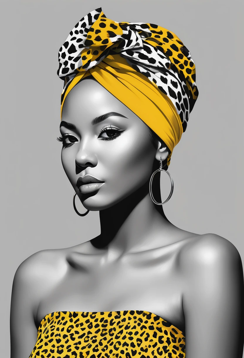 creative logo vector illustration black and white portrait of a beautiful young african woman with colorul outlines, cool sunglasses and yellow head wrap with blak dots( leopard skin ), digital art style by dan mumford, carne griffith, sketch, bold outlines, high definition, negative space, T-shirt design