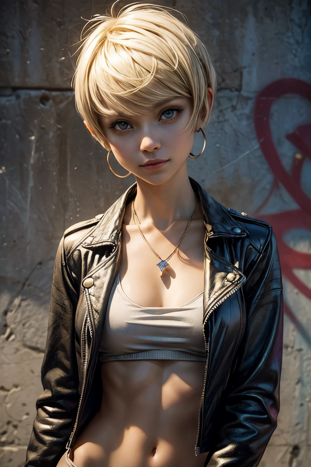 An extremely small, thin, Petition, extremely young looking, Female teenager, with extremely light skin, Upper body shot, extremely huge breasts, (((blonde hair in pixie cut))), smile, light eyes, eyeliner, large hoop earrings, open leather jacket, Necklace with ruby pendant, Graffiti background