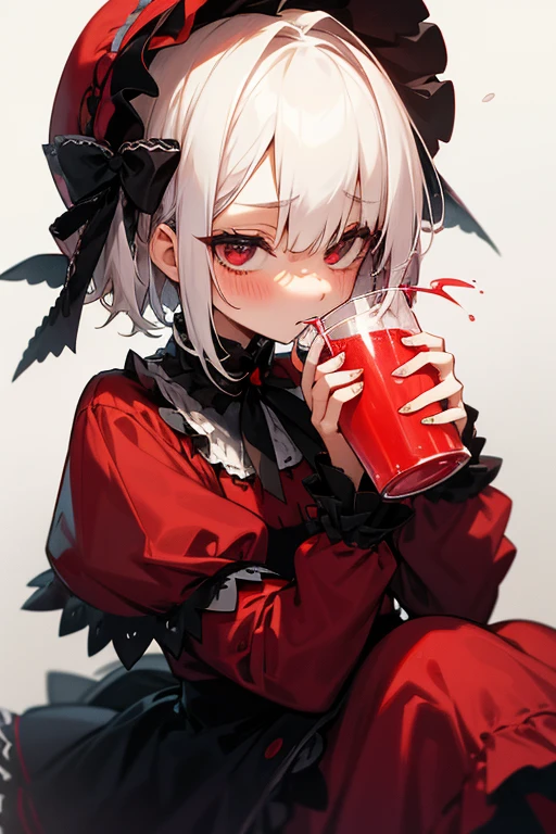 Short white hair, blush, Gothic Lolita、Punk Fashion、Headbang 2.、Red clothes、Drink juice、