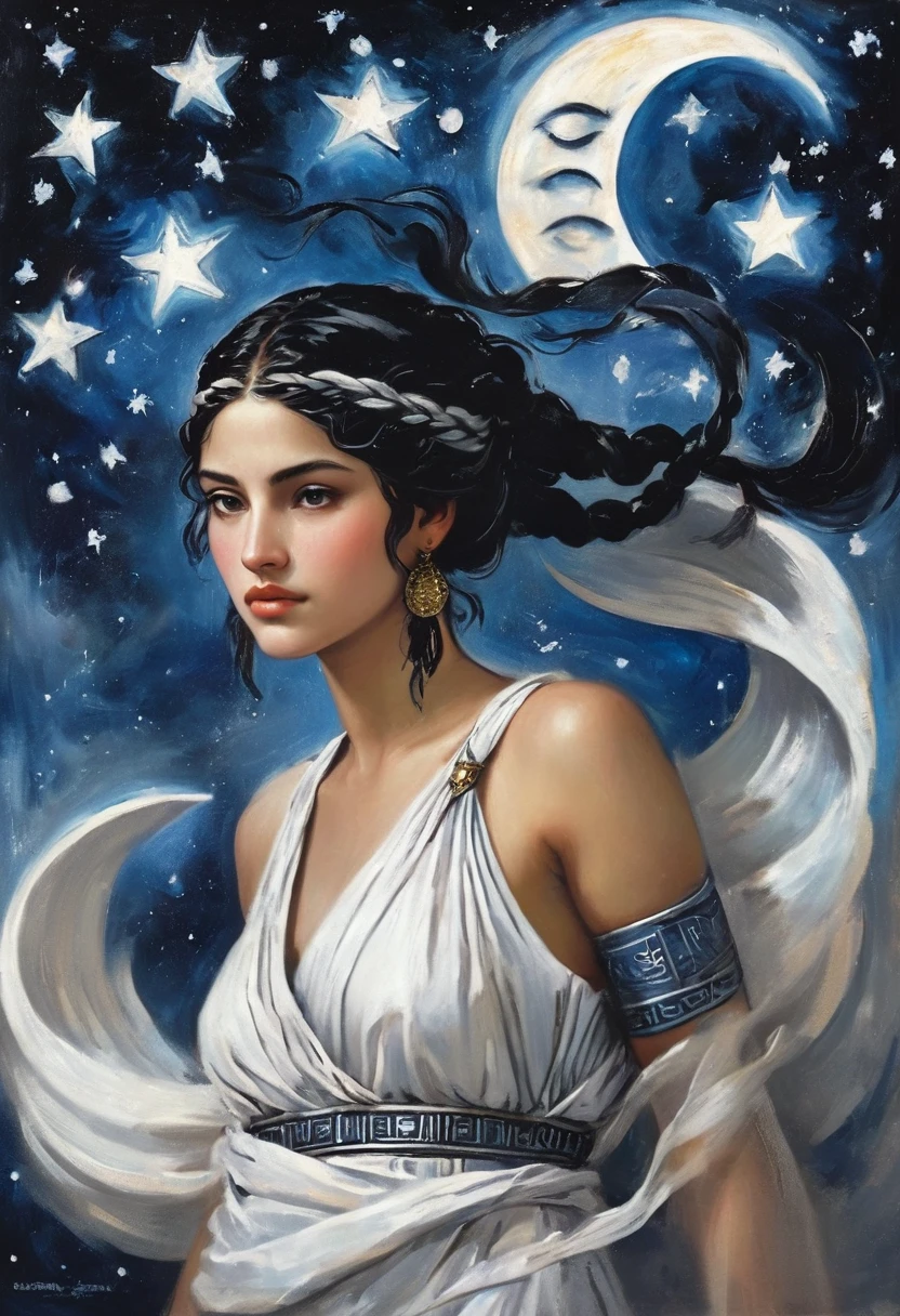 a woman with braided black hair, stars and moon imagery, in black blue white and silver, wearing ancient greek clothing