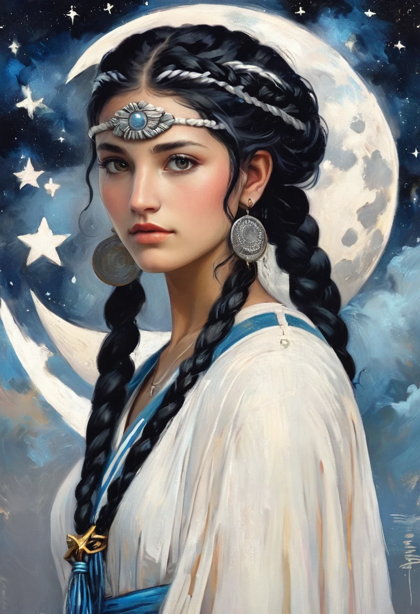 a woman with braided black hair, stars and moon imagery, in black blue white and silver, wearing ancient greek clothing