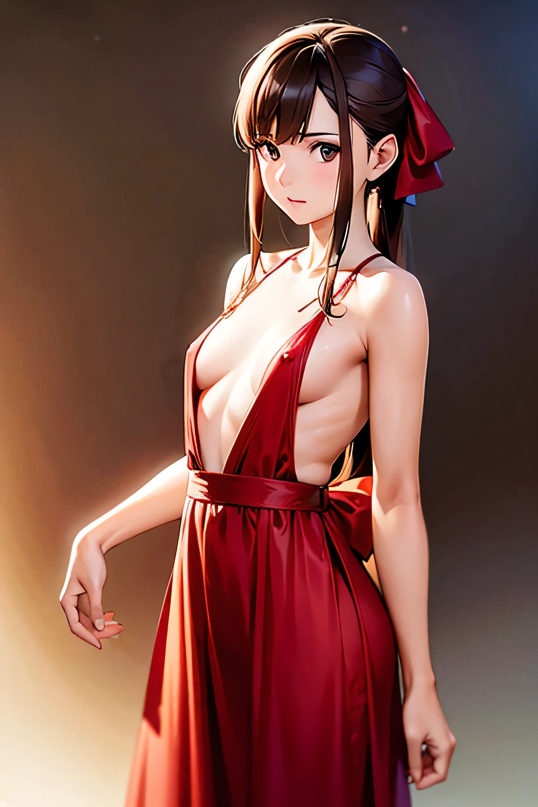 10 years of life, Brown Hair, Fair skin, Realistic, Long hair tied with a red ribbon, Light brown eyes, Red dress, 8K images, Realistic human skin, Image of real , nsfw:1.9
