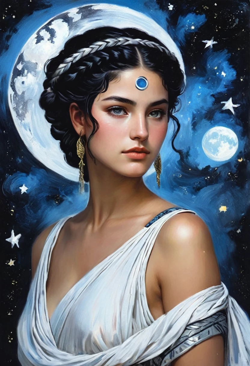 a woman with braided black hair, stars and moon imagery, in black blue white and silver, wearing ancient greek clothing