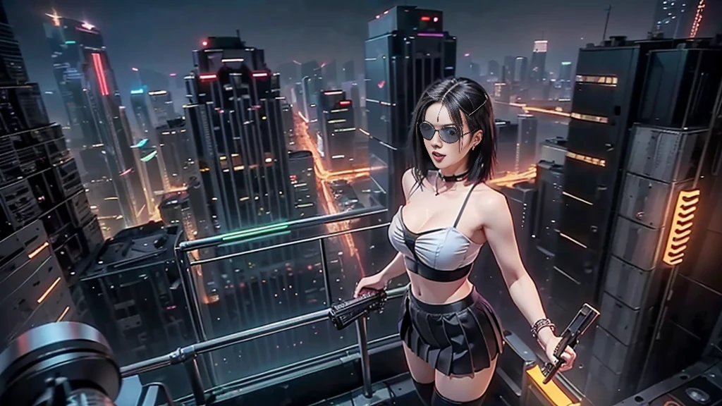 at night, futuristic sci-fi cyberpunk city, broad viaduct, skyscrapers at the end of the viaduct, the movie "13th Floor" style, hq. Matrix style, at night, (1girl, solo), photo realistic, (large-breast:1.3 slim body, cleavage:1.3), (((tube top, extreamly short pleated (((miniskirt))) exposing panty))), (((((matrix style black sunglasses))))), (((((aiming at camera with a (pistol)))))), (((half-body (thigh level) medium shot))), (cinematic lighting).