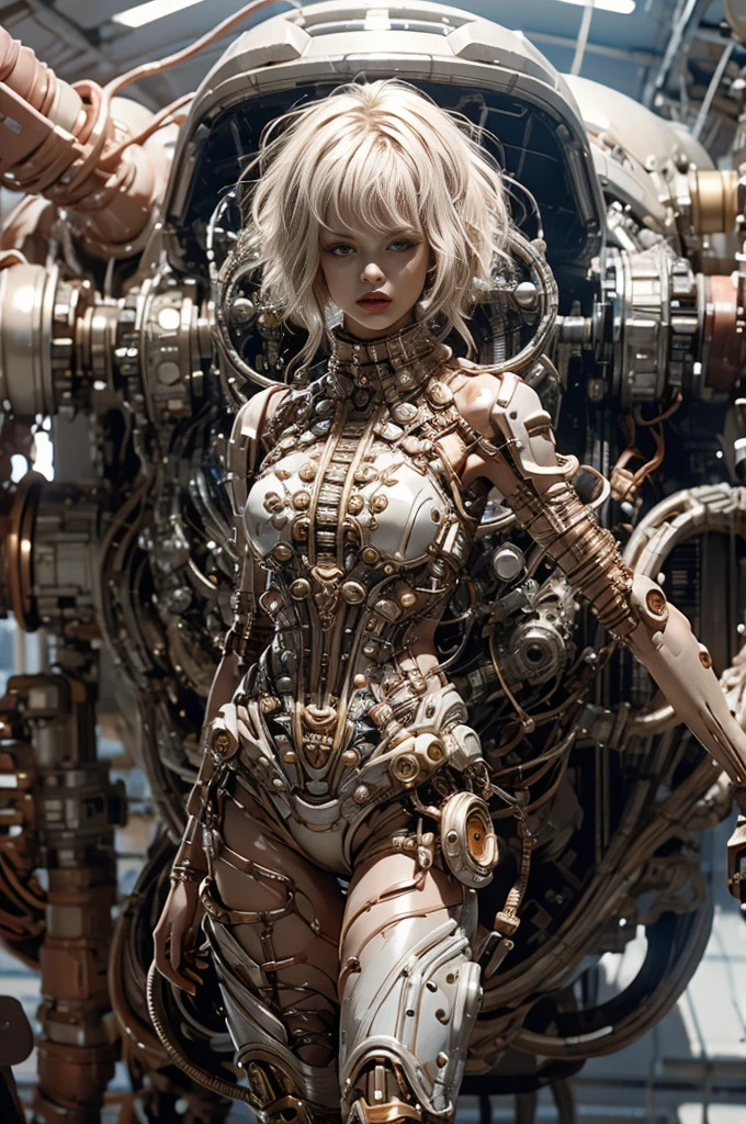 A full-length figure of a cool girl wearing a detailed mechanical armored suit. Exposed wiring, lots of cords and tubes connecting to the system. 