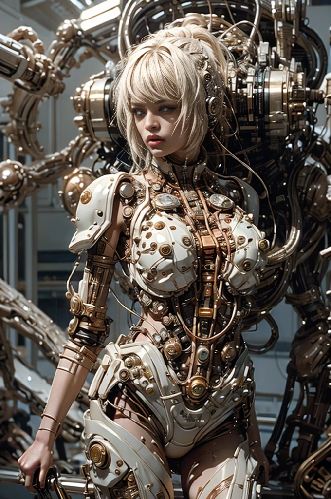 A full-length figure of a cool girl wearing a detailed mechanical armored suit. Exposed wiring, lots of cords and tubes connecting to the system. 