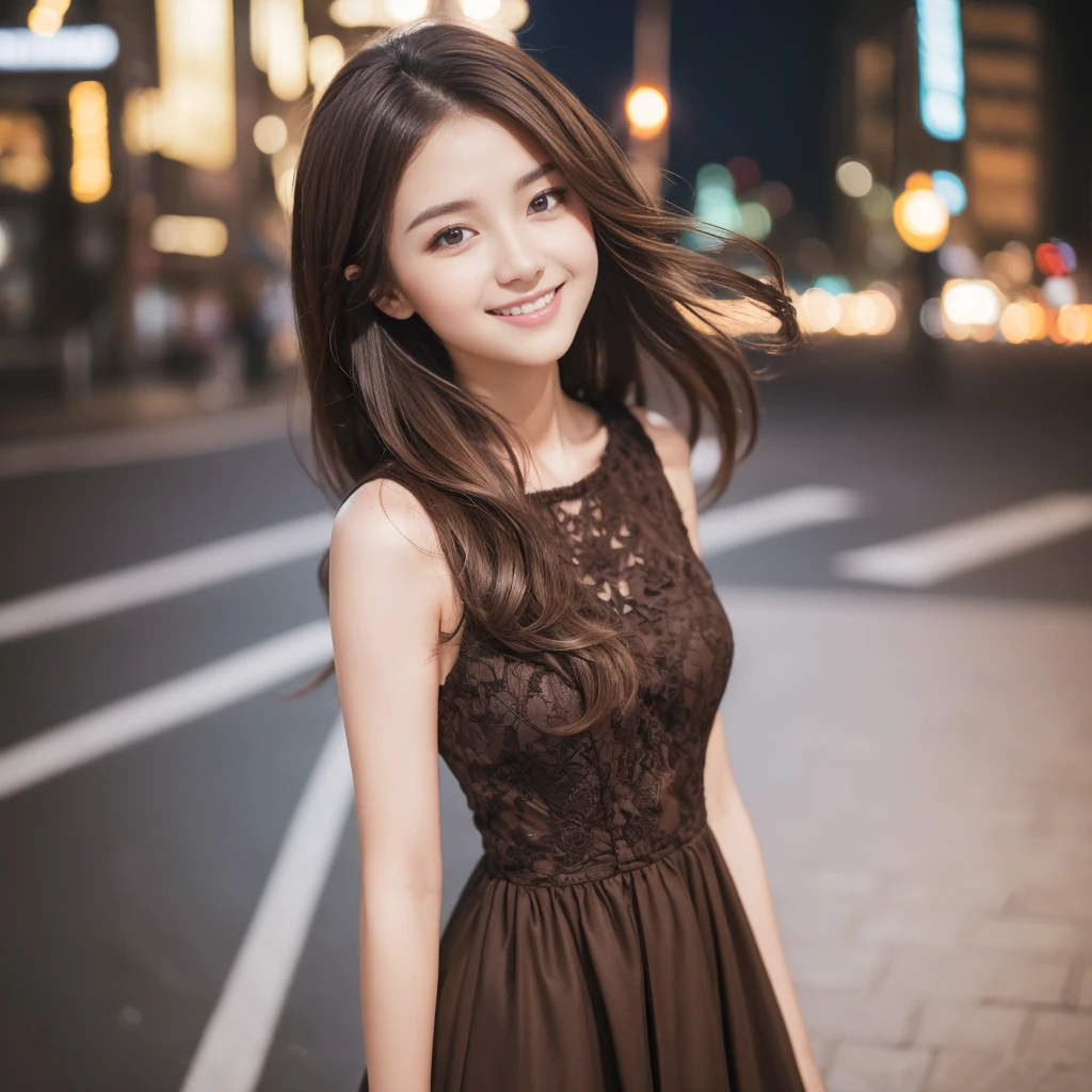 ((Highest quality, 8K, masterpiece :1.3)), One girl, smile, whole body, Slim face, Beautiful woman, (Dark brown hair), Full-length dress :1.1, Highly detailed face, Fine grain, double eyelid, Blur the background, Slim face, city, outside, street,