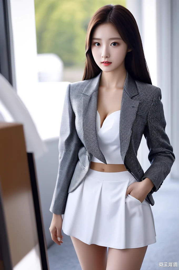 the most beautiful actress in the world, she is 18 years old, the perfect body proportions of this girl, blazer is firmly closed on formal shirt which is worn on her upper body, panties between her bare legs are seen just 1cm because short skirt is too short, facing front, standing, clear sky, nsfw, best quality, highly detailed, masterpiece, ultra high res, photo realistic, 8k