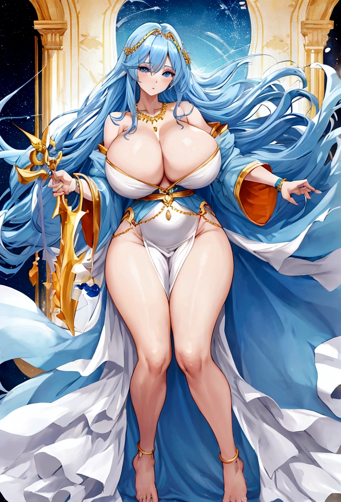 Very Huge straight blue hair with blue eyes.rather voluptuous with a large bust and shapely hips.wears a dainty necklace, a white dress and is barefoot.wears gold arm bands and has a reddish-orange smock wrapped below her hips.