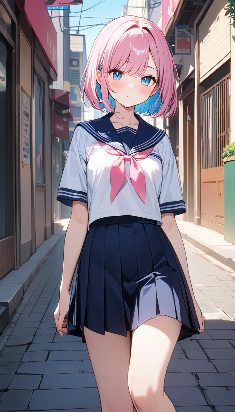 (1 girl),(Best Picture Quality, 8K, Masterpiece:1.3), (high school student:1.5), (pink lob hair:1.1), [skyblue hair:0.1], (bob cut),(swept bangs), (cute eyes, pupil black, iris skyblue, youthful face), (mole under right eye), (standard weight), (small breasts), (glistening skin:1.1),(pale skin:1.2), ((serafuku, white sailor short sleeve simple shirt, darkblue skirt, darkblue sailor collar, pink ribbon)),city street,vanishing point.