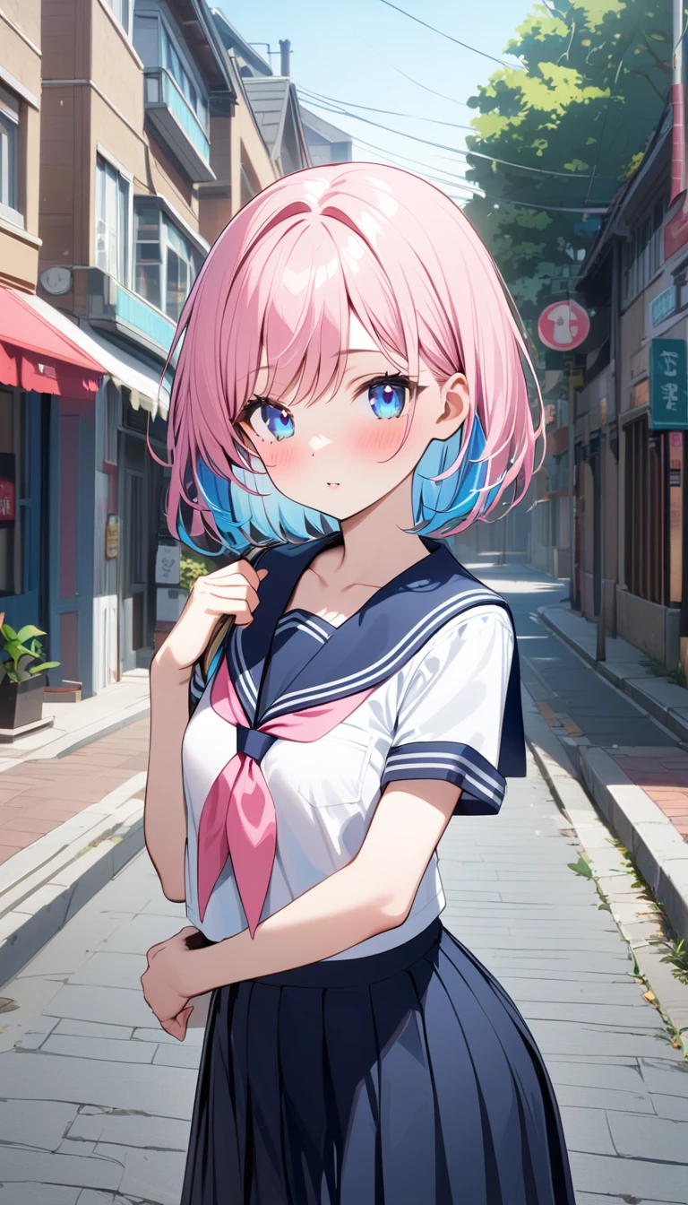 (1 girl),(Best Picture Quality, 8K, Masterpiece:1.3), (high school student:1.5), (pink lob hair:1.1), [skyblue hair:0.1], (bob cut),(swept bangs), (cute eyes, pupil black, iris skyblue, youthful face), (mole under right eye), (standard weight), (small breasts), (glistening skin:1.1),(pale skin:1.2), ((serafuku, white sailor short sleeve simple shirt, darkblue skirt, darkblue sailor collar, pink ribbon)),city street,vanishing point.