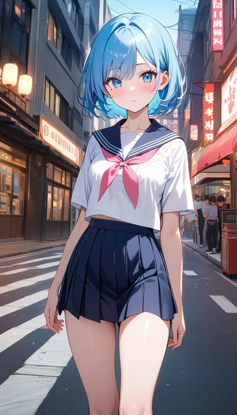 (1 girl),(Best Picture Quality, 8K, Masterpiece:1.3), (high school student:1.5), (pink lob hair:1.1), [skyblue hair:0.1], (bob cut),(swept bangs), (cute eyes, pupil black, iris skyblue, youthful face), (mole under right eye), (standard weight), (small breasts), (glistening skin:1.1),(pale skin:1.2), ((serafuku, white sailor short sleeve simple shirt, darkblue skirt, darkblue sailor collar, pink ribbon)),city street,vanishing point.