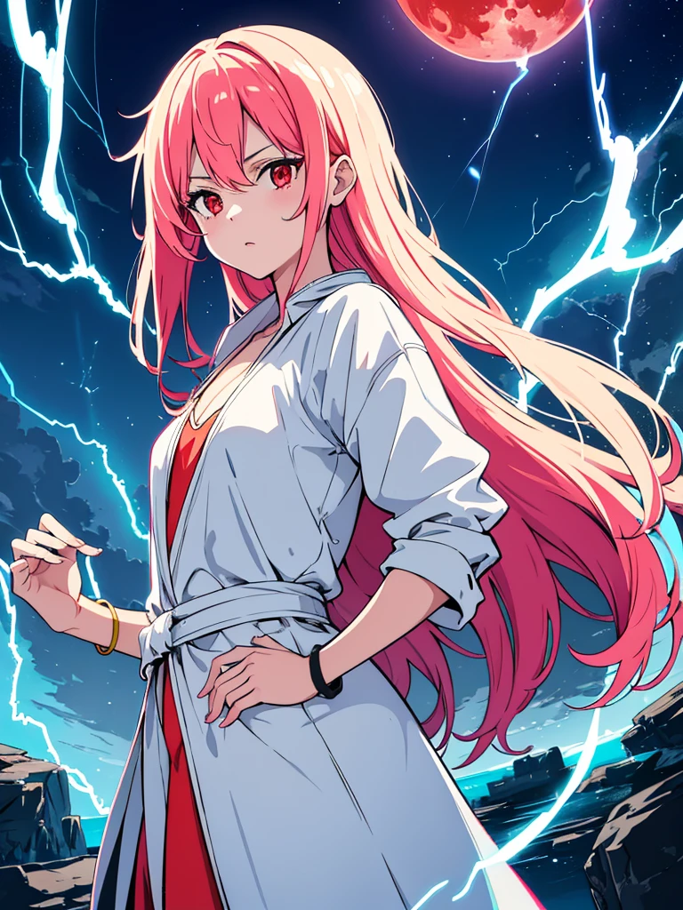 (flat color:1.3),(colorful:1.3),(masterpiece:1.2), best quality, original, extremely detailed wallpaper, looking at viewer, upperbody shot of a girl infused with lightning, fully clothed with blue long robe, highly detailed, extremely detailed, red eyes, electric, red moon, Rays of Shimmering Light, Cinematic Lighting, Matte, Stone, Milky Quartz, Opalite, Jewelry, Silk, Feathers, Water splash, Fog, Electric, Electricity, sparks,  lensflare, rim lighting, backlighting, Bracelet, Chromatic Aberration, RTX, Post Processing
