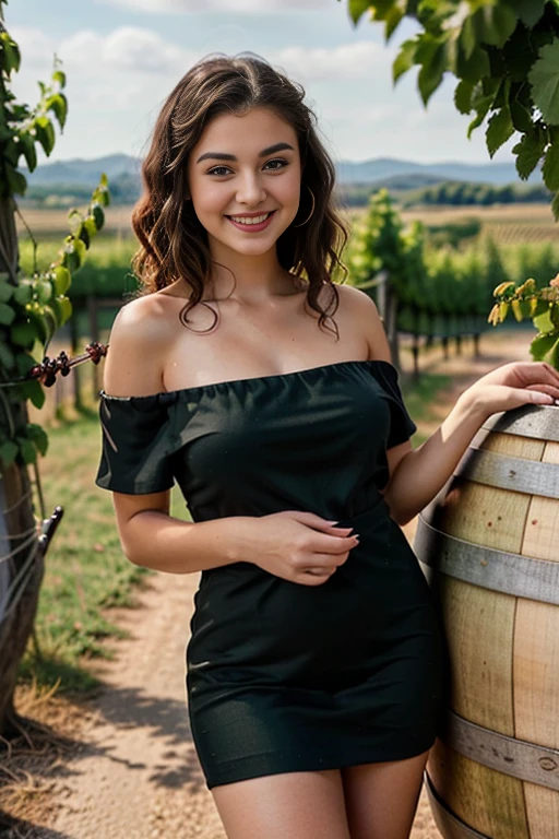 18-year-old girl from France, very beautiful with an enchanting presence, in a short and chic dress with a vineyard background.
Camera angle: Full body, close-up to emphasize her entire outfit, including high heels.
Pose: Standing gracefully with one hand resting on a wine barrel and the other on her hip, smiling alluringly at the camera.
Outfit: Short black fabric dress, off-the-shoulder, paired with red high heels.
Physical description: 18-year-old girl with medium length curly black hair large green eyes thick eyebrows a delicate nose full pink lips fair skin very slim body with measurements 88-58-88 1.68m height and an elegant face with a playful smile.
Background: French vineyard with lush green vines and a rustic farmhouse in the distance.