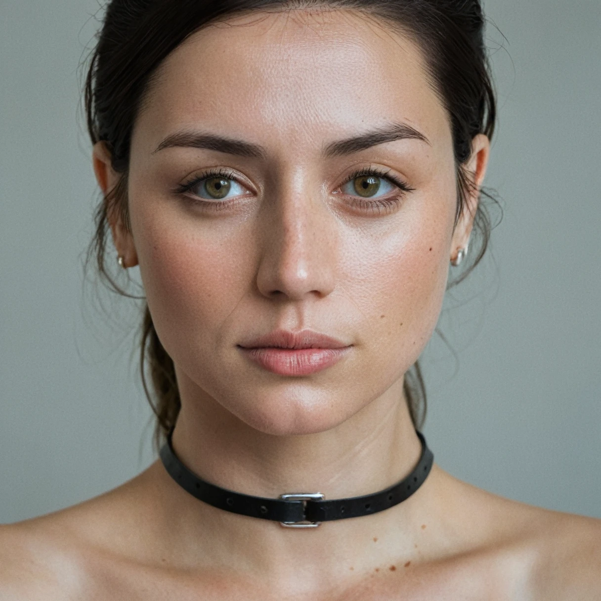 (skin texture, pores, Imperfections), Super high res portrait photo oF a woman wearing no makeup, wearing a thin leather choker,F /2.8, Canon, 85mm,cinematographic, high quality, skin texture, looking to the camera, skin imperfections,  