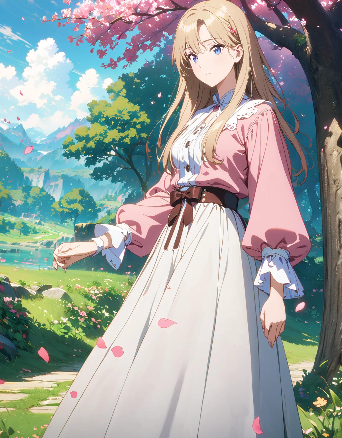 Anime girl in a dress standing under a flowering tree, Beautiful fantasy anime, Anime Art Wallpapers 8K, Anime Style 4k, anime art wallpaper 4k, anime art wallpaper 4k, sakura petals around her, artstation pixivでトレンド, 4k anime wallpaper, Beautiful Anime, anime wallpaper 4k, anime wallpaper 4k