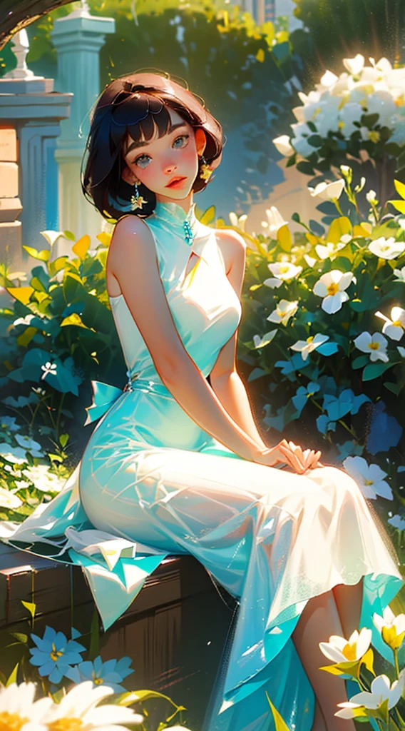 
A girl with short shoulder-length hair and wearing a white dress is sitting with her back to arranging different types of flowers in several vases. make it very beautiful
