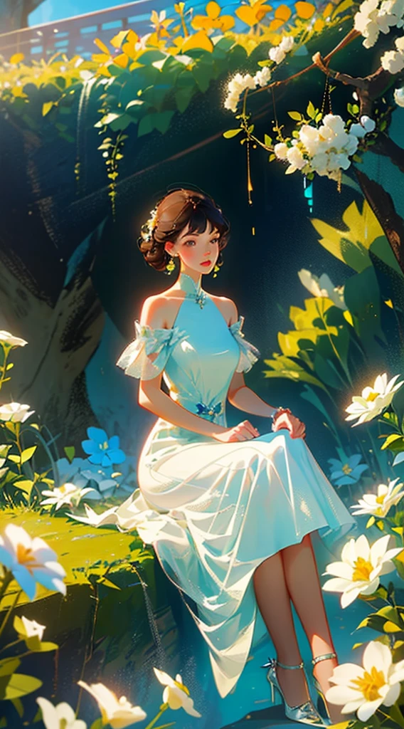 
A girl with short shoulder-length hair and wearing a white dress is sitting with her back to arranging different types of flowers in several vases. make it very beautiful
