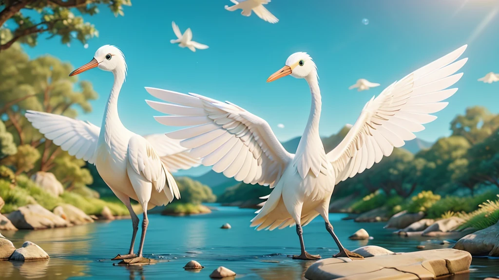 a white crane, beautiful detailed eyes, beautiful detailed wings, detailed feathers, river, riverbank, sunlight, golden hour, realistic, photorealistic, 8k, best quality, cinematic lighting, vibrant colors, stunning details