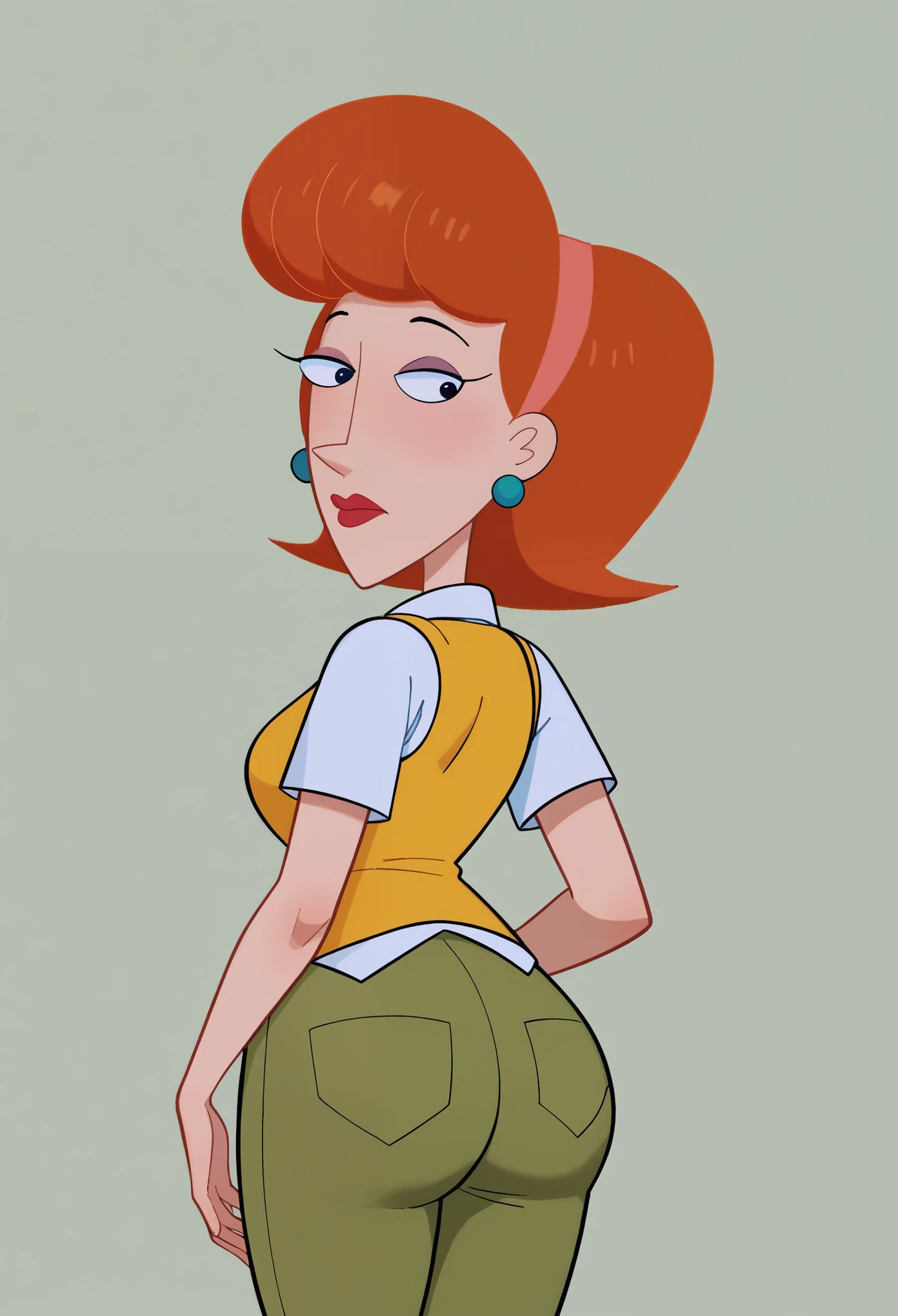 check_9, check_8_up, check_7_up, BREAK, 1 girl, One, breast, mature woman, Lindaflinnfletcher, makeup, hair band, earrings, White shirt, collared shirt, vest, short sleeves, trousers, behind, is, looking back,
