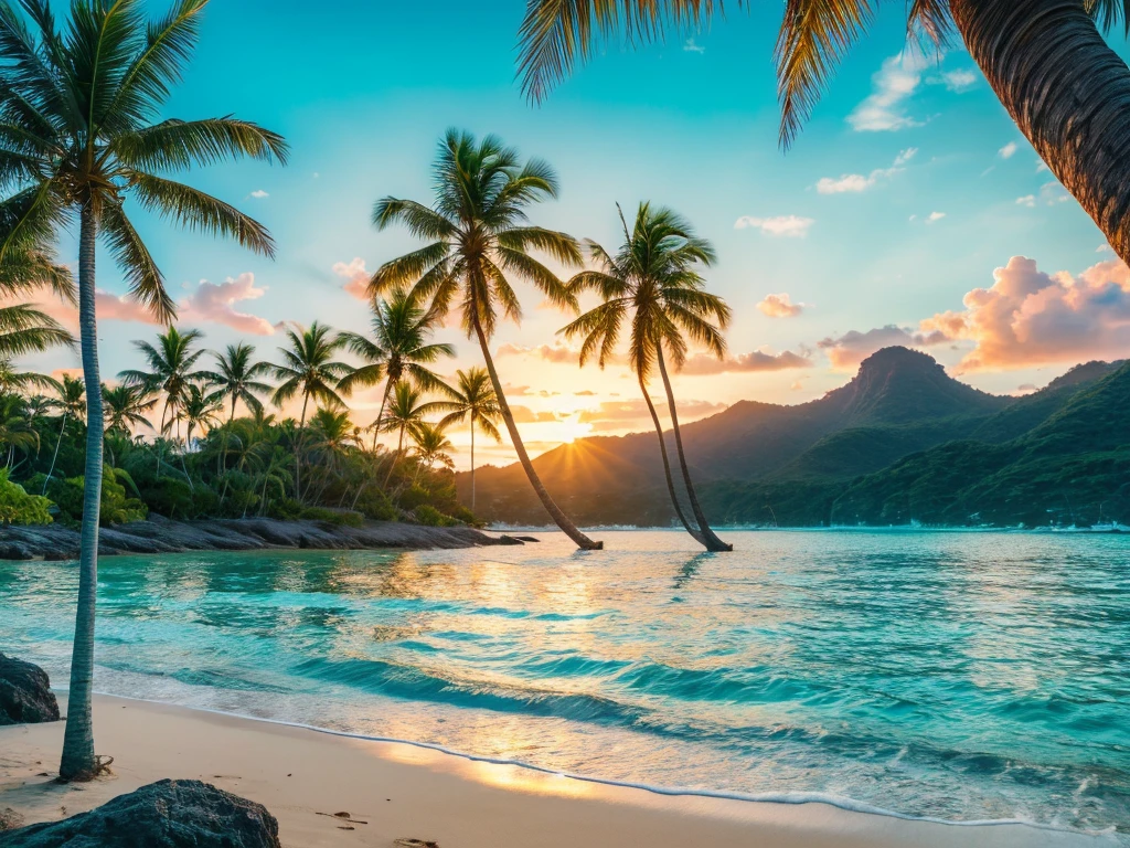 A beautiful tropical beach with swaying palm trees, crystal clear turquoise waters, soft white sand, a vibrant sunset sky with warm hues, picturesque coastal landscape, (best quality,4k,8k,highres,masterpiece:1.2),ultra-detailed,(realistic,photorealistic,photo-realistic:1.37),intricate details, stunning natural scenery, breathtaking vista, dynamic composition, lush foliage, serene atmosphere, idyllic paradise, vibrant colors, natural lighting, picturesque seascape