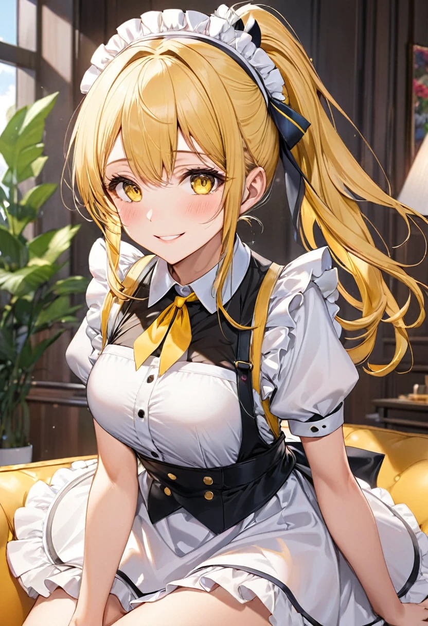 (talking style) (in a summer maid clothes), (solo:2, 15 yo ponytail grram hair long hair cute fighter girl, cute yellow eyes, love smile, medium tits), break, in the lounge, BREAK, perfect anatomy, masterpiece, best quality, 16k, beautiful detailed grow, daydreaming expression.