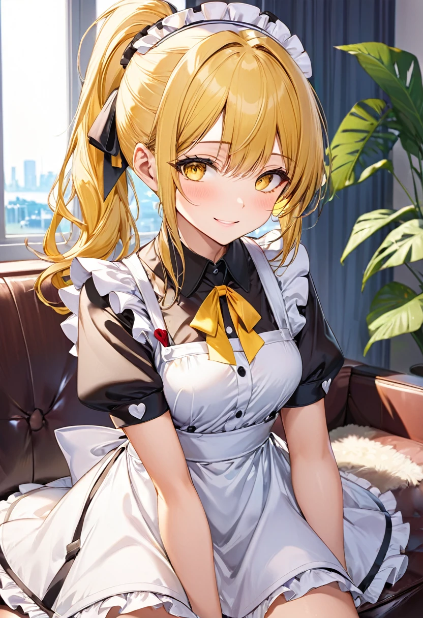 (talking style) (in a summer maid clothes), (solo:2, 15 yo ponytail grram hair long hair cute fighter girl, cute yellow eyes, love smile, medium tits), break, in the lounge, BREAK, perfect anatomy, masterpiece, best quality, 16k, beautiful detailed grow, daydreaming expression.