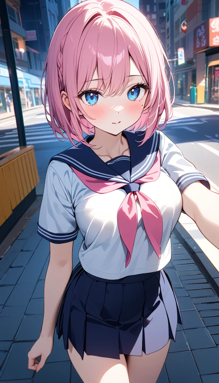 (1 girl),(Best Picture Quality, 8K, Masterpiece:1.3), (high school student:1.5), (pink lob hair:1.1), [skyblue hair:0.1], (bob cut),(swept bangs), (cute eyes, pupil black, iris skyblue, youthful face), (mole under right eye), (standard weight), (medium breasts), (glistening skin:1.1),(pale skin:1.2), ((serafuku, white sailor short sleeve simple shirt, darkblue skirt, darkblue sailor collar, pink ribbon)),city street,vanishing point.