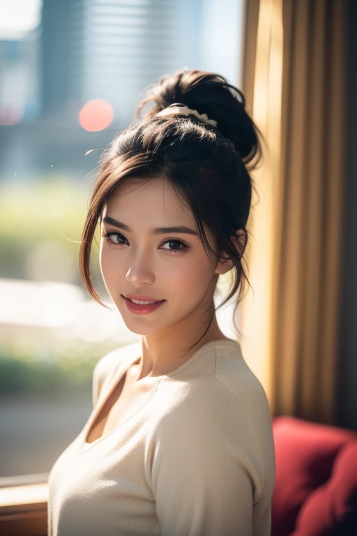 a gorgeous busty woman, ponytail, military officer, beautiful detailed smile, beautiful detailed teeth, POV, lover, cinematic dramatic lighting, (best quality,4k,8k,highres,masterpiece:1.2),ultra-detailed,(realistic,photorealistic,photo-realistic:1.37),HDR,UHD,studio lighting,ultra-fine painting,sharp focus,physically-based rendering,extreme detail description,professional,vivid colors,bokeh,portrait,photorealistic,cinematic