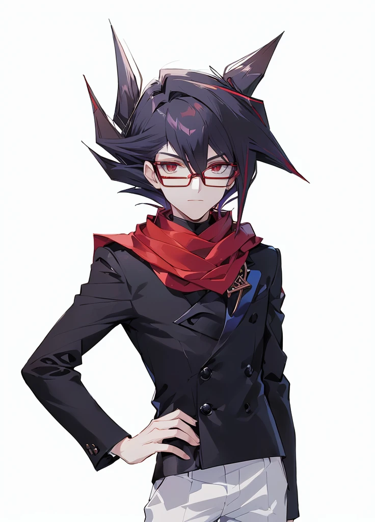 Close-up of a person wearing dark clothes and white pants, a man wearing a red scarf,A man wearing red glasses,A man with rather exaggeratedly sharp hair,,Yu-Gi-Oh anime men, Tall anime man, Inspired by Yu-Gi-Oh!,Realistic style。