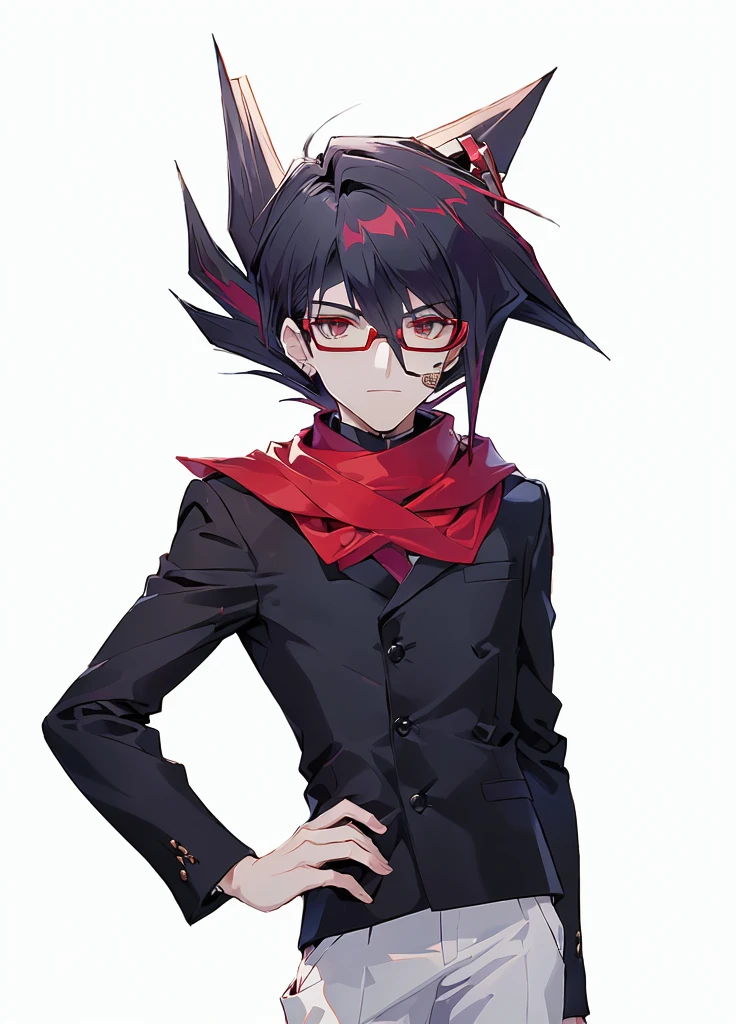 Close-up of a person wearing dark clothes and white pants, a man wearing a red scarf,A man wearing red glasses,A man with rather exaggeratedly sharp hair,,Yu-Gi-Oh anime men, Tall anime man, Inspired by Yu-Gi-Oh!,Realistic style。